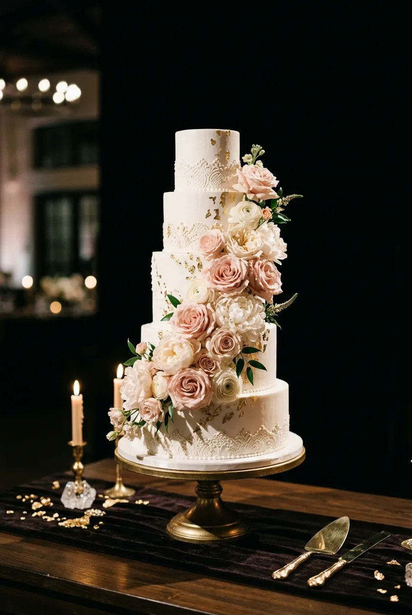 Blush rose and gold wedding cake detail — Abilene wedding decor by Pro DJ's & Event Services
