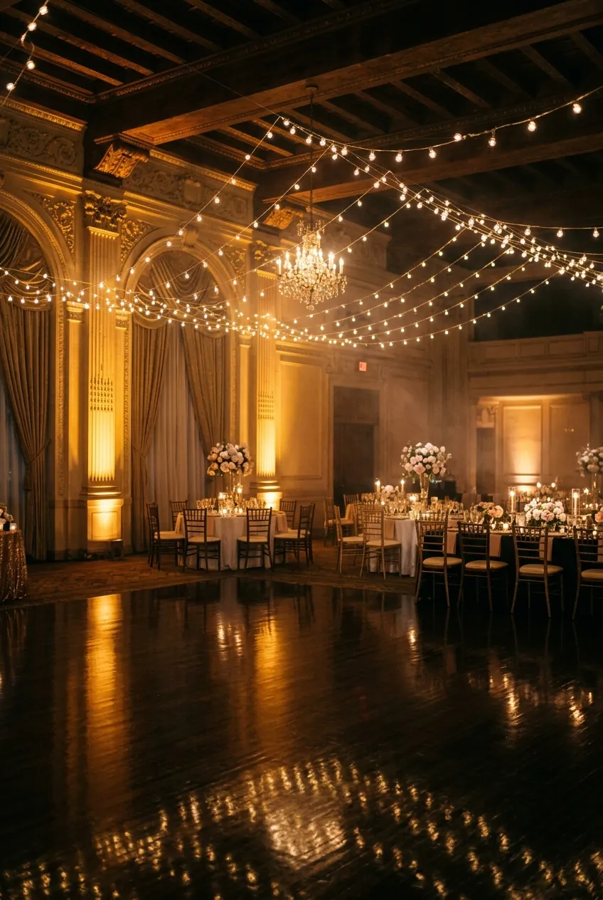 Wedding reception dance floor glowing with warm gold uplighting — Abilene wedding DJ