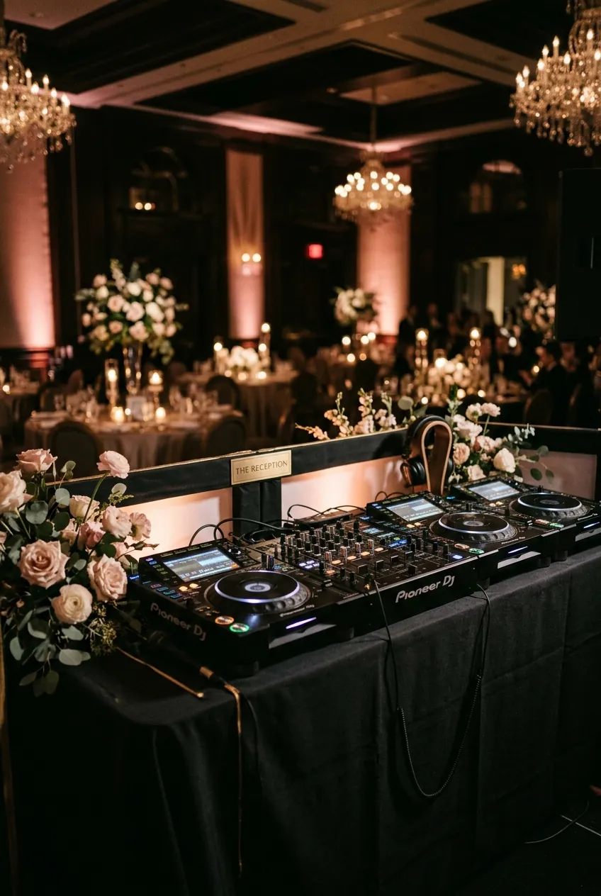 Professional wedding DJ booth with blush and gold uplighting — best DJ in Abilene