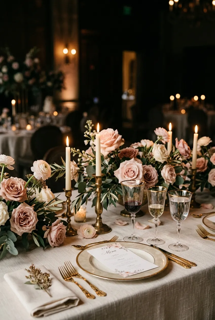 Elegant blush and gold wedding reception table setting — Abilene wedding DJ, Pro DJ's & Event Services